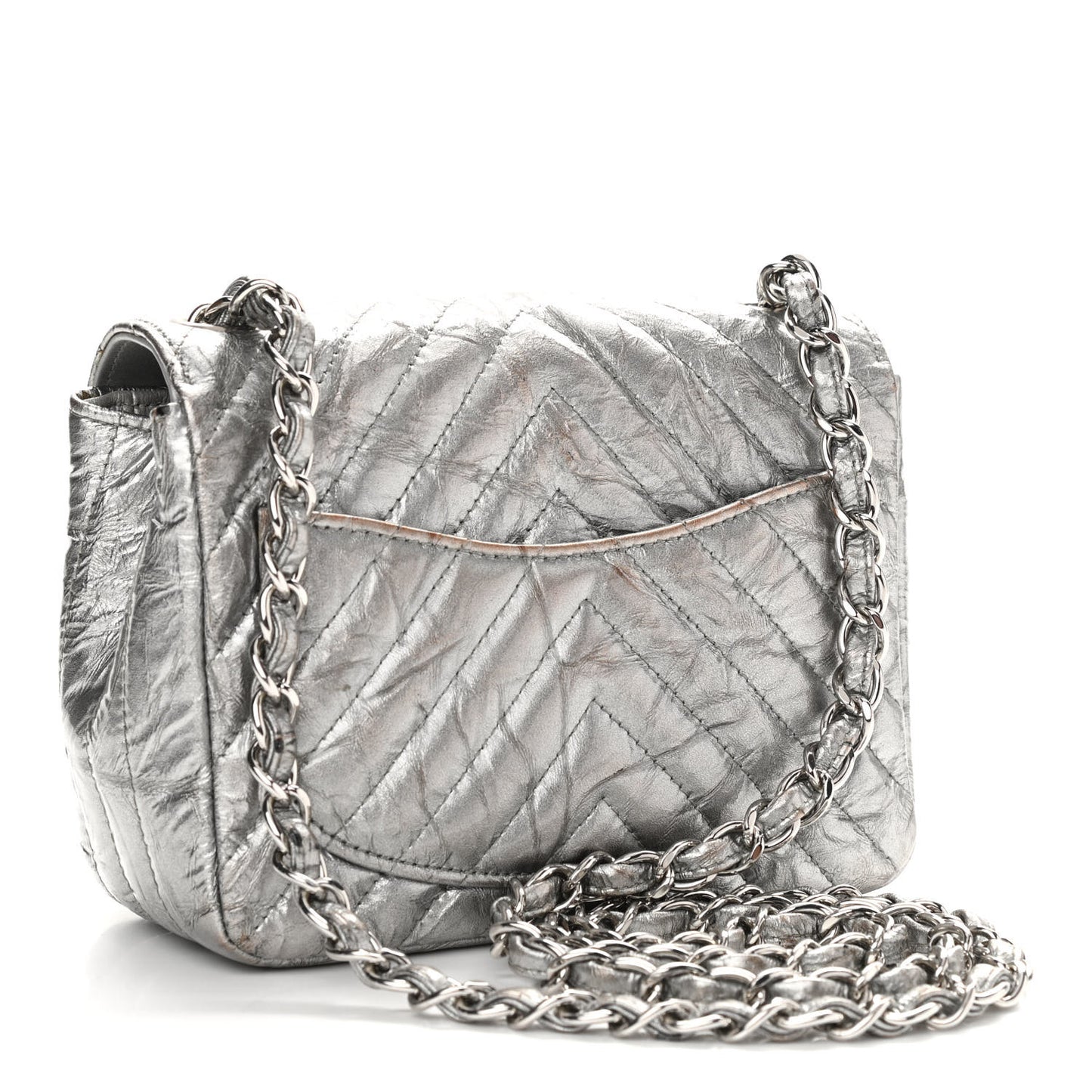 Metallic Patent Crumpled Calfskin Chevron Quilted Mini Square Flap Silver