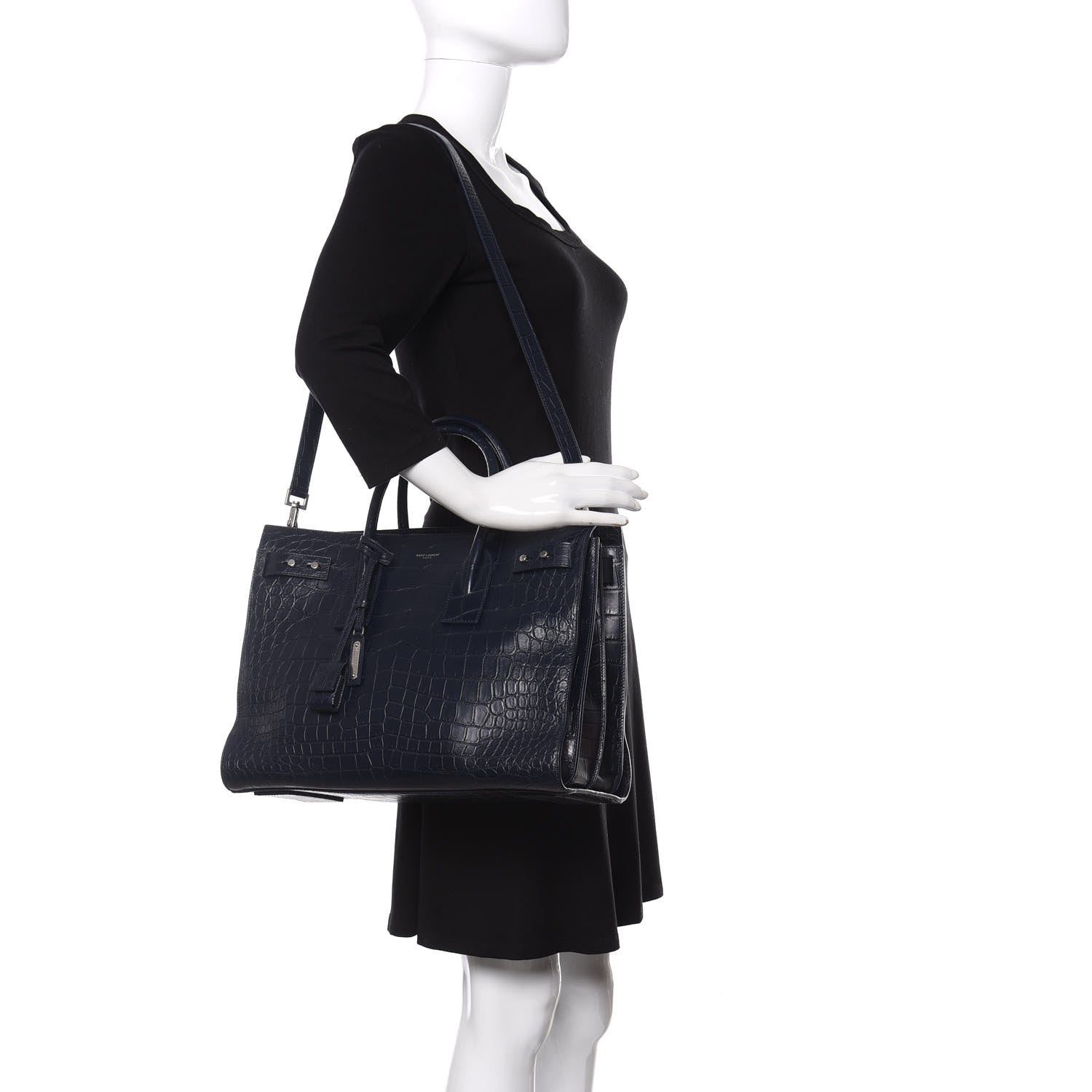 Saint Laurent Calfskin Crocodile Embossed Medium Souple Sac De Jour Navy 2 of 14