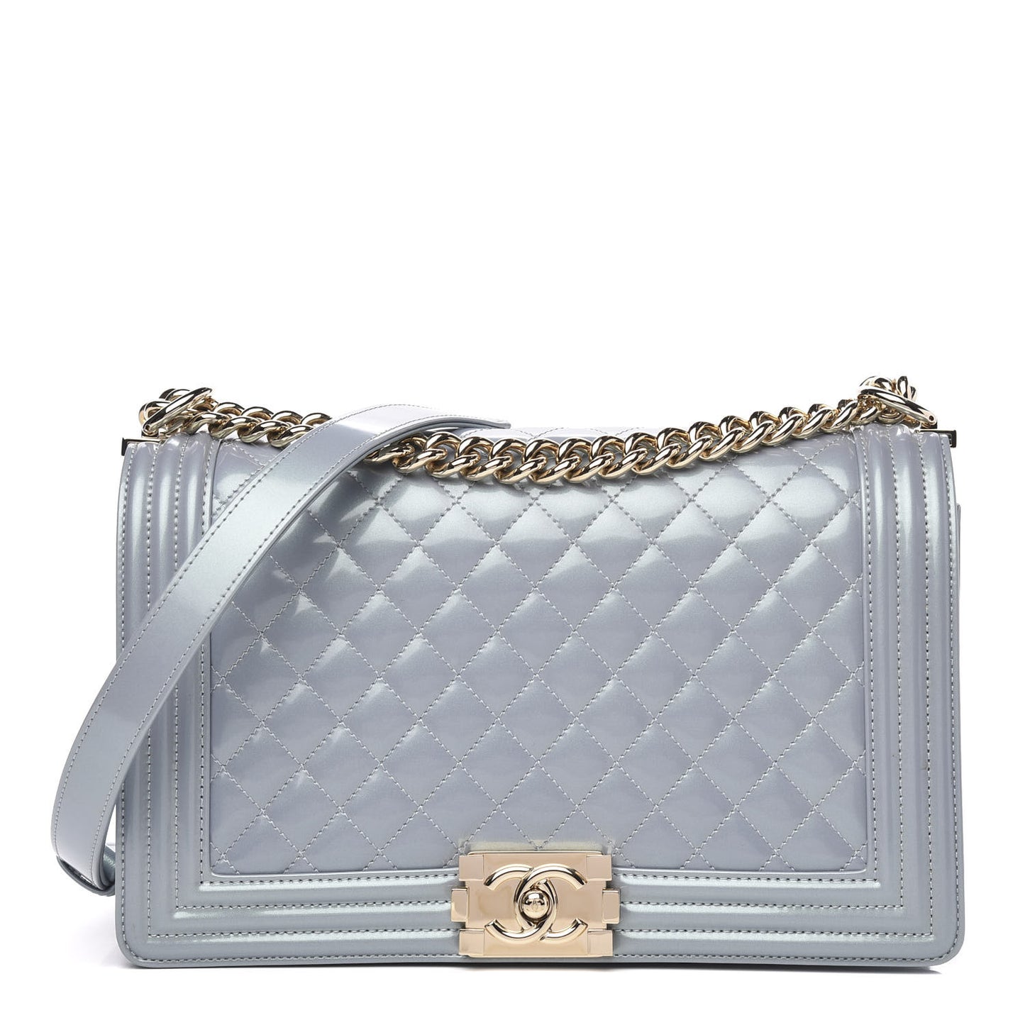 Iridescent Glazed Calfskin Quilted New Medium Boy Flap Light Blue