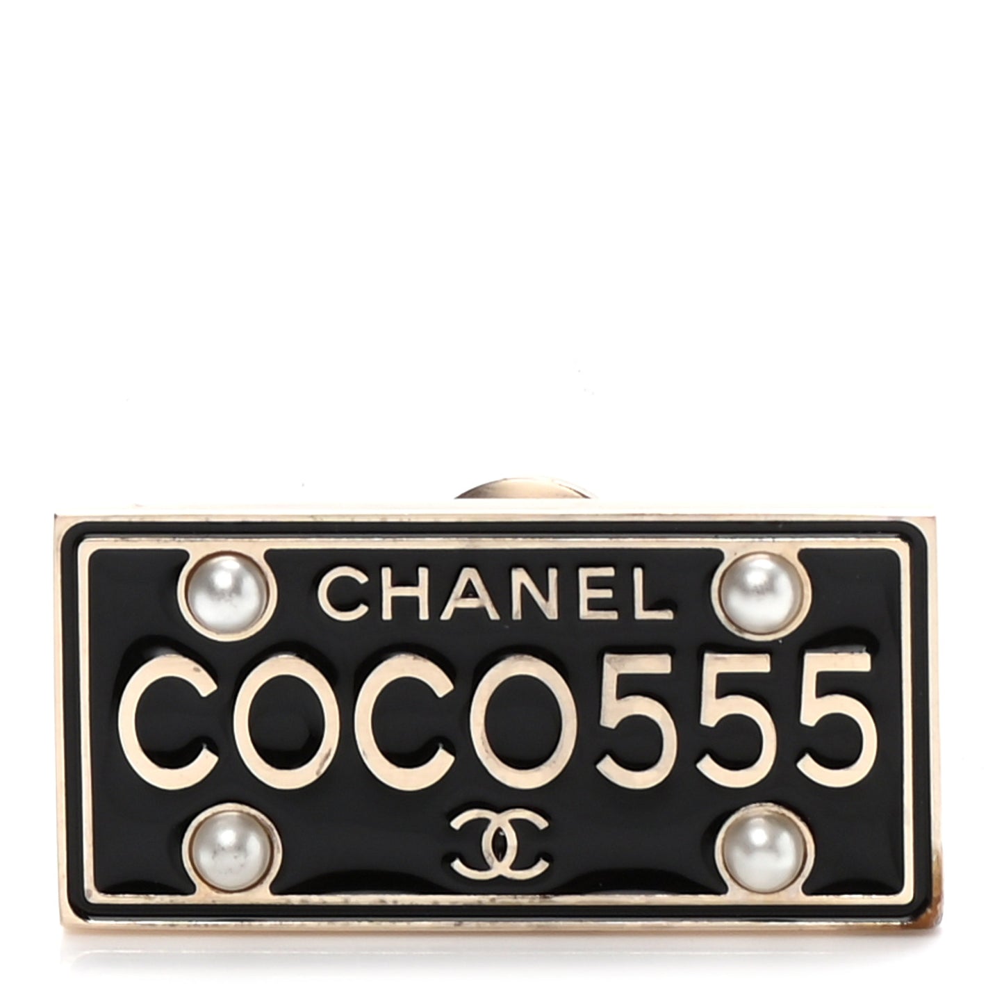 Metal Resin Pearl Coco License Plate Brooch Black Gold