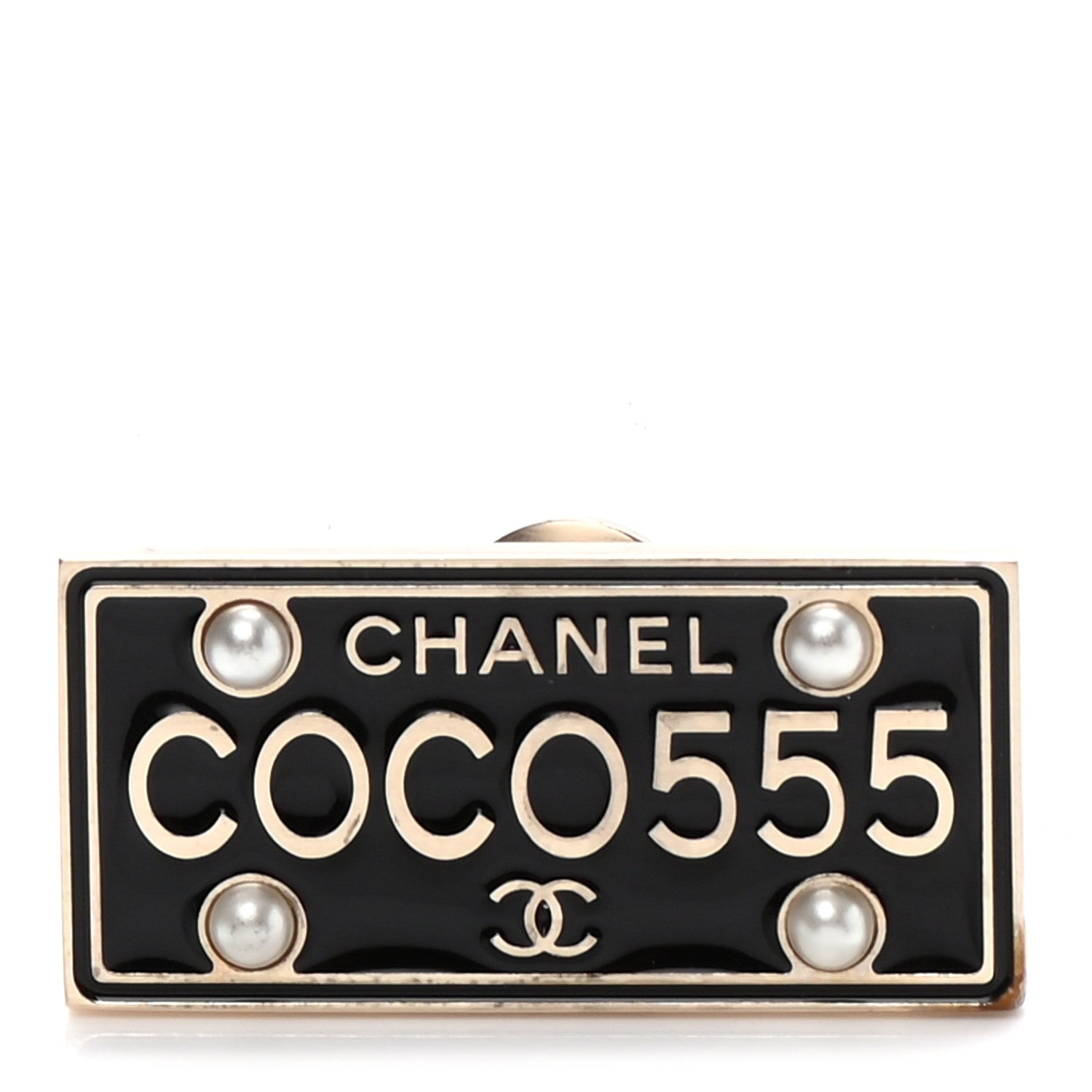 Chanel Metal Resin Pearl Coco License Plate Brooch Black Gold 1 of 6