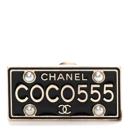 Chanel Metal Resin Pearl Coco License Plate Brooch Black Gold 1 of 6