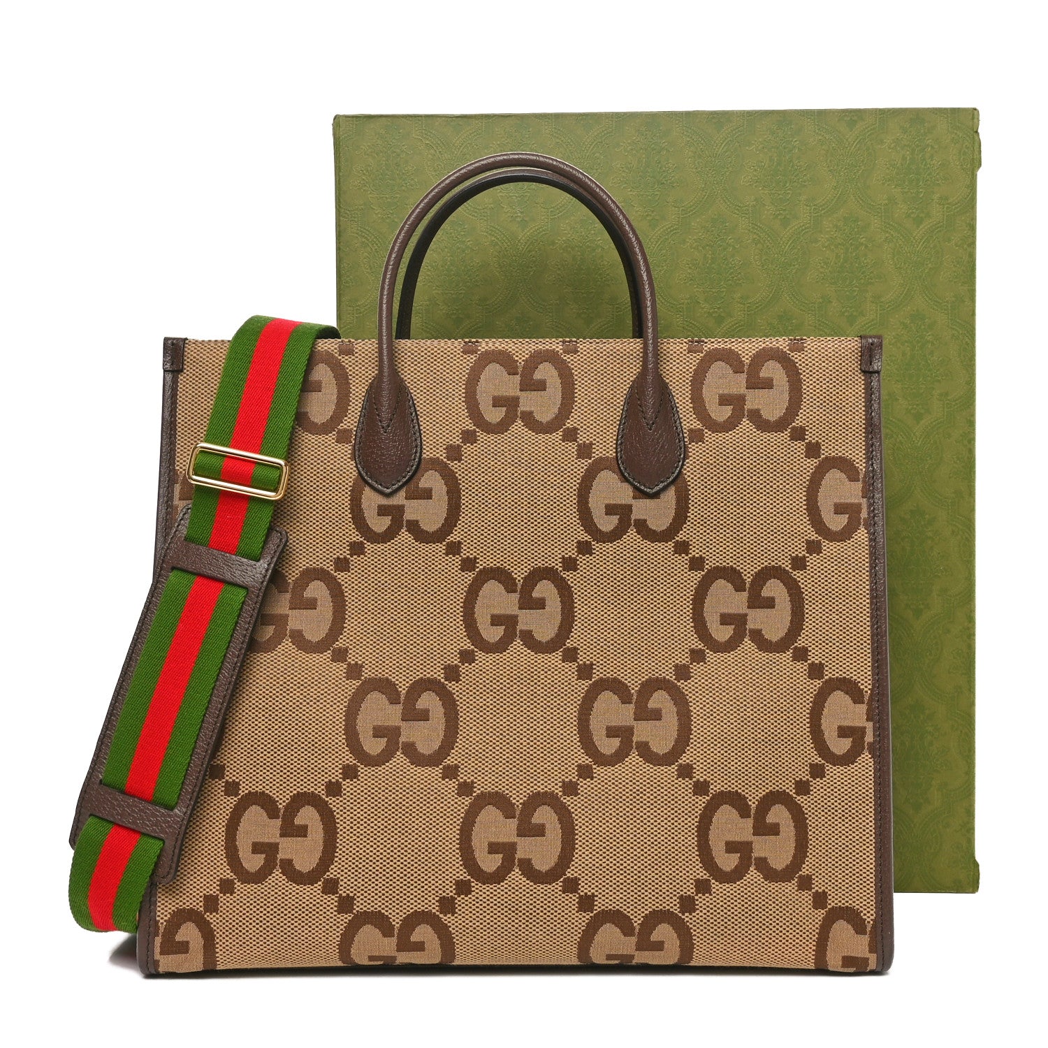Gucci Monogram Jumbo GG Textured Dollar Calfskin Web Tote Bag Camel Ebony New Acero 11 of 11