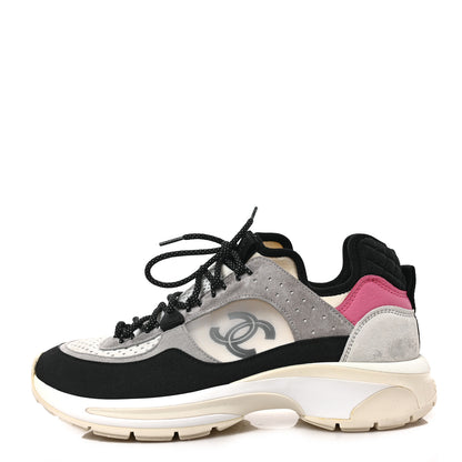 Chanel Suede Calfskin Womens CC Sneakers 37.5 Black Grey Ivory 1 of 9