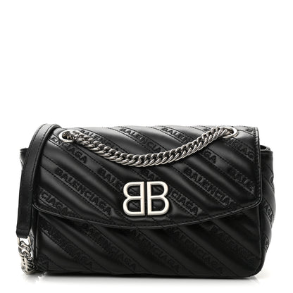 Balenciaga Calfskin Logo Matelasse S BB Round Shoulder Bag Black 1 of 11
