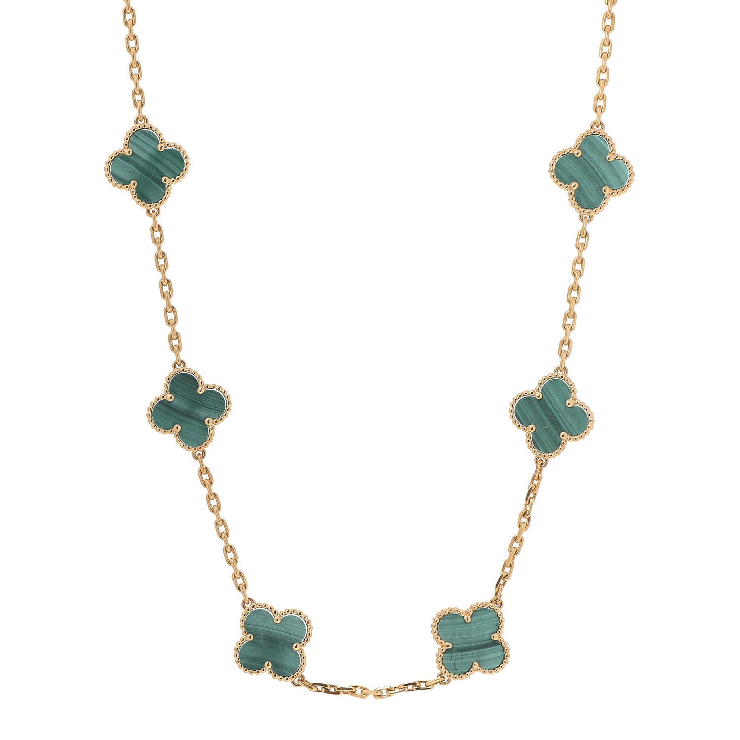 18K Yellow Gold Malachite 10 Motifs Vintage Alhambra Necklace