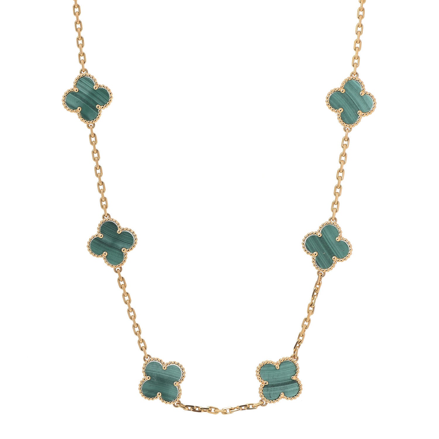 Van Cleef & Arpels 18K Yellow Gold Malachite 10 Motifs Vintage Alhambra Necklace 1 of 4
