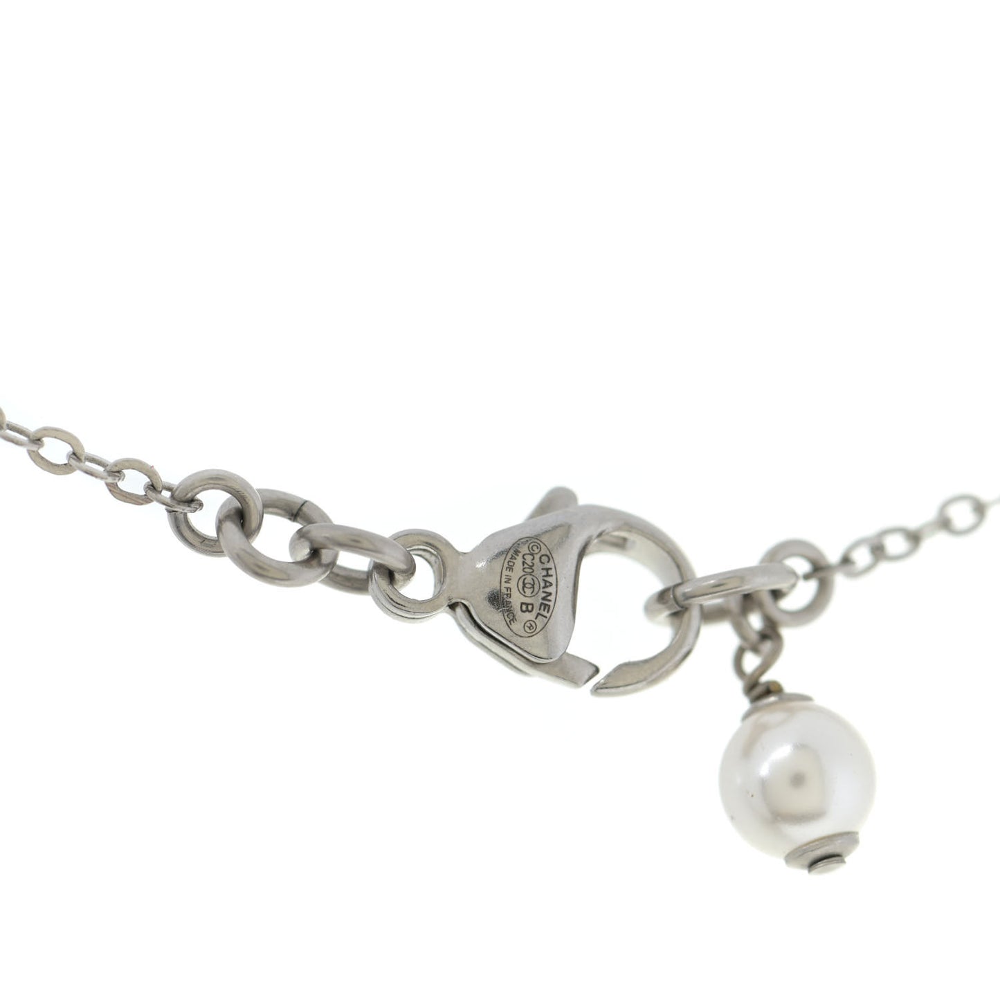 Crystal Pearl CC Bow Long Necklace Silver