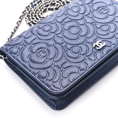 Chanel Goatskin Camellia Embossed Wallet On Chain WOC Blue 10 of 11