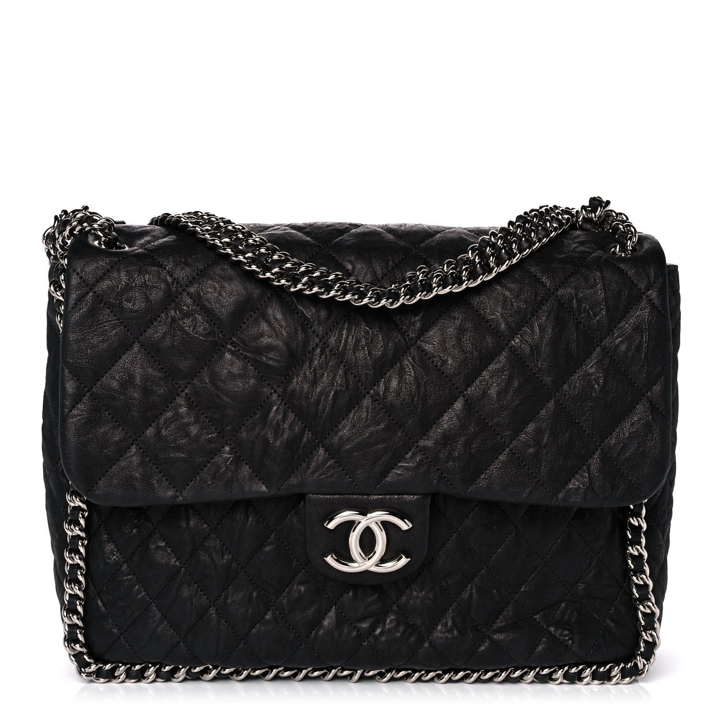 Washed Lambskin Quilted Maxi Chain Around Flap Black