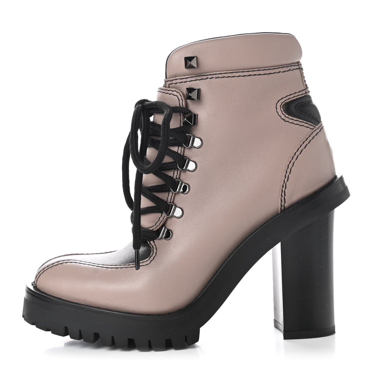 Calfskin Rockstud Lace-Up Ankle Boots 35.5 Poudre Black