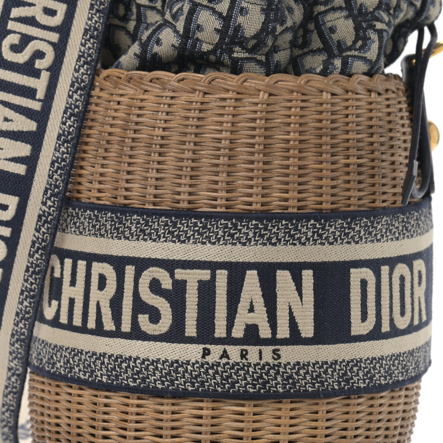 Wicker Oblique Drawstring Bucket Bag Blue