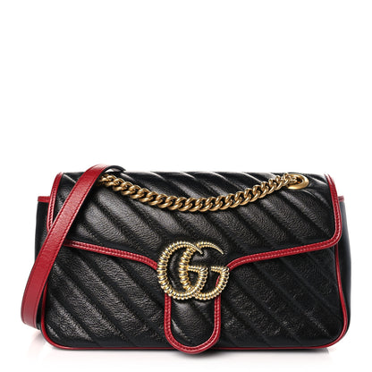 Gucci Vintage Effect Calfskin Matelasse Diagonal Small Torchon GG Marmont Shoulder Bag Black Romantic Cherry 1 of 9