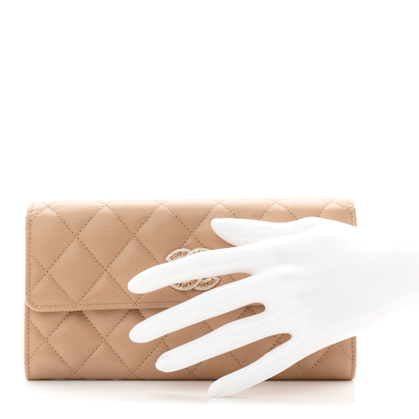 Caviar Quilted Crystal CC Large Gusset Flap Wallet Beige