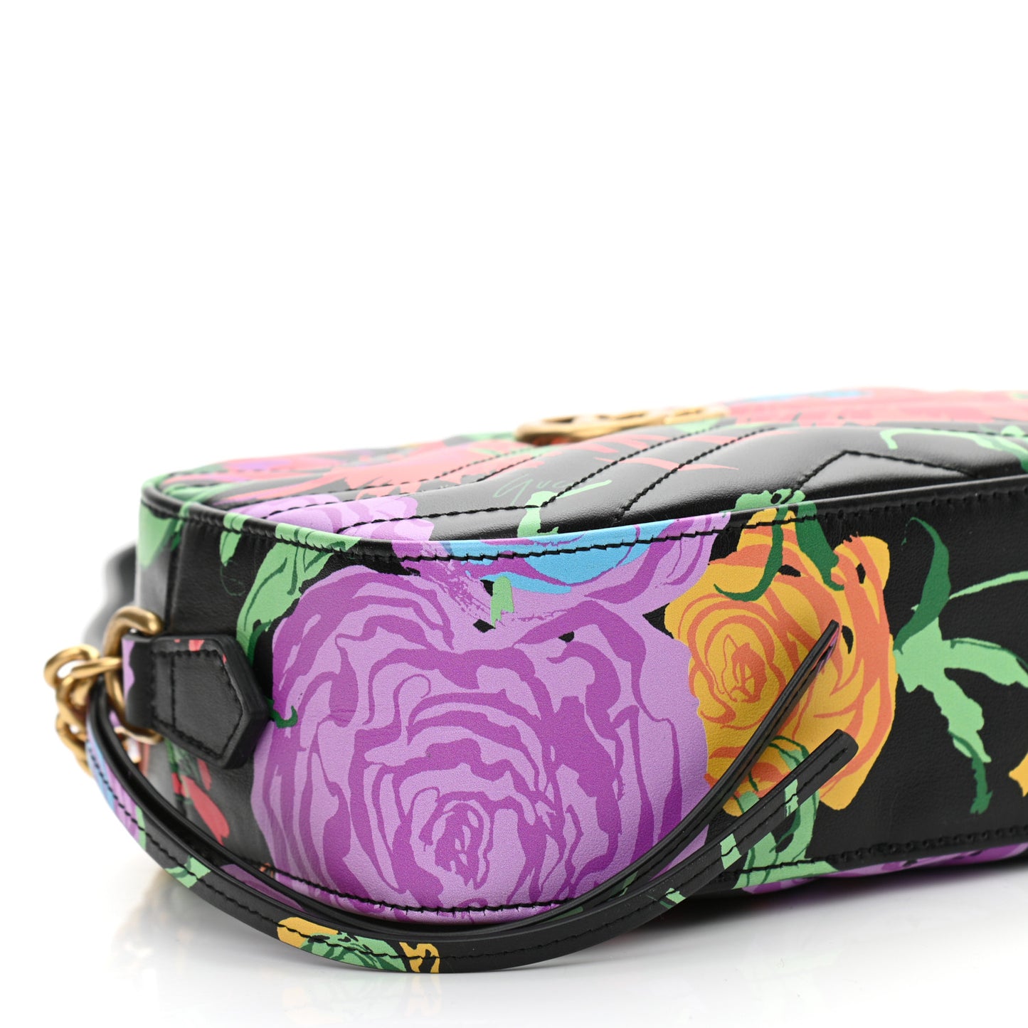 X KEN SCOTT Calfskin Matelasse Floral Print Mini GG Marmont Chain Shoulder Bag Black Pink