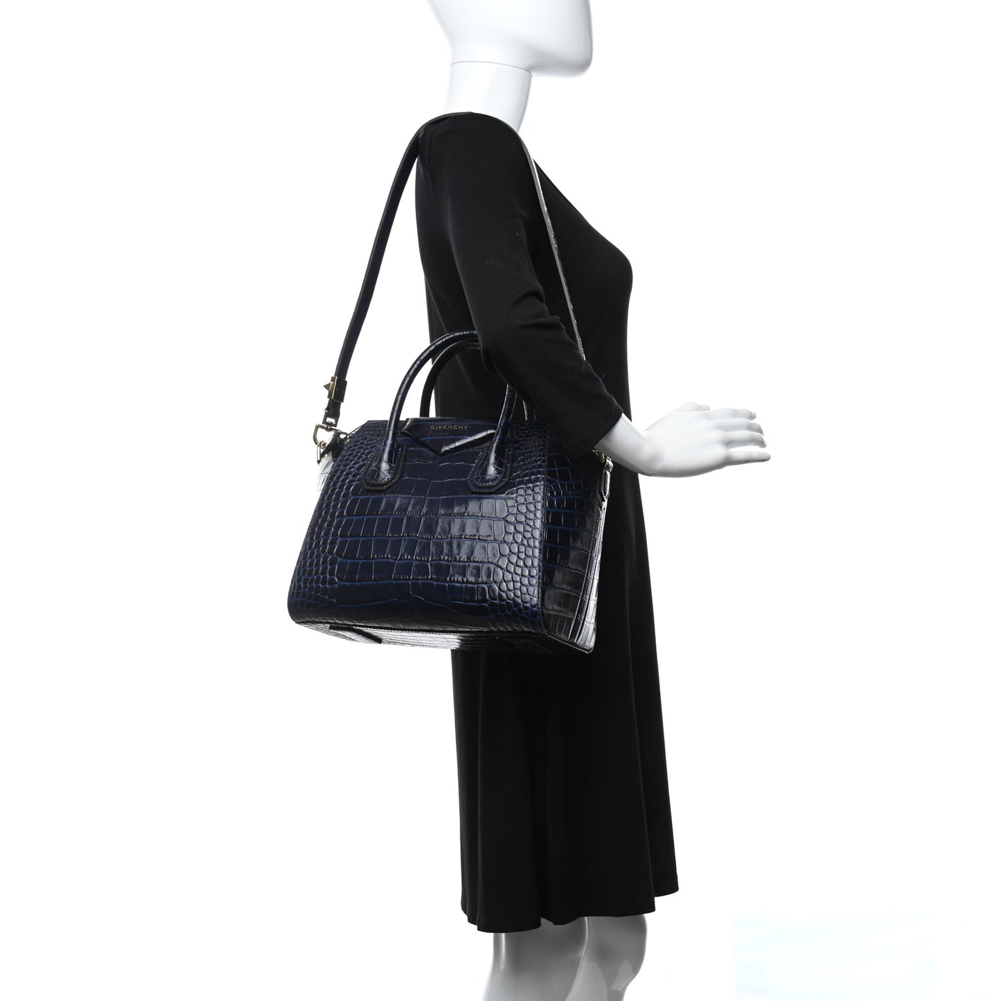 Calfskin Crocodile Embossed Small Antigona Navy