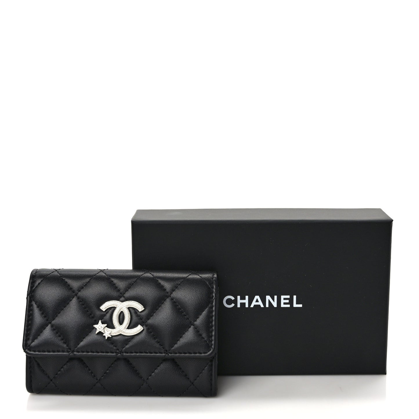 Lambskin Quilted Flap Crystal Star Card Holder Wallet Black