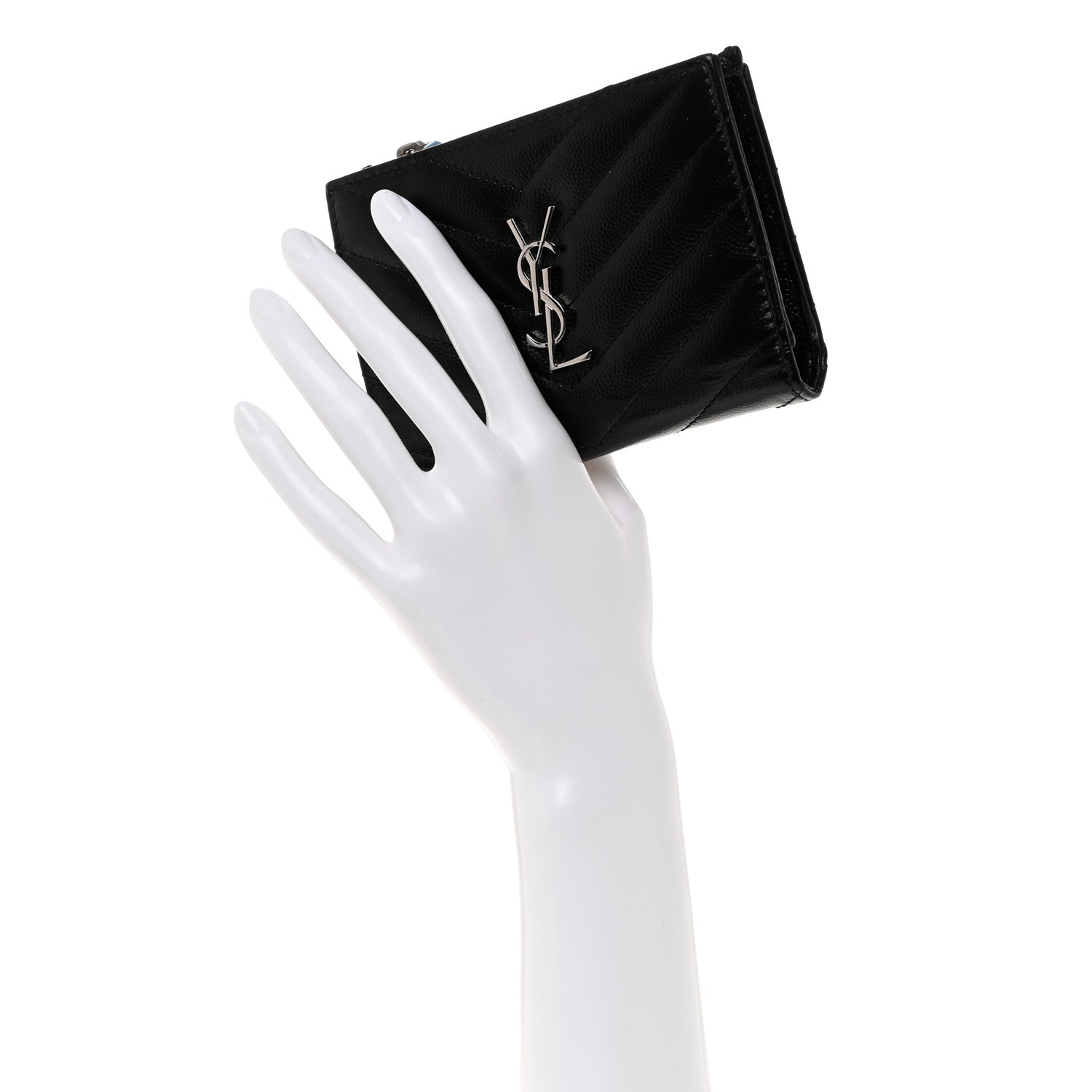 Saint Laurent Grain De Poudre Matelasse Chevron Monogram Zipped Two-Part Wallet Black 2 of 8