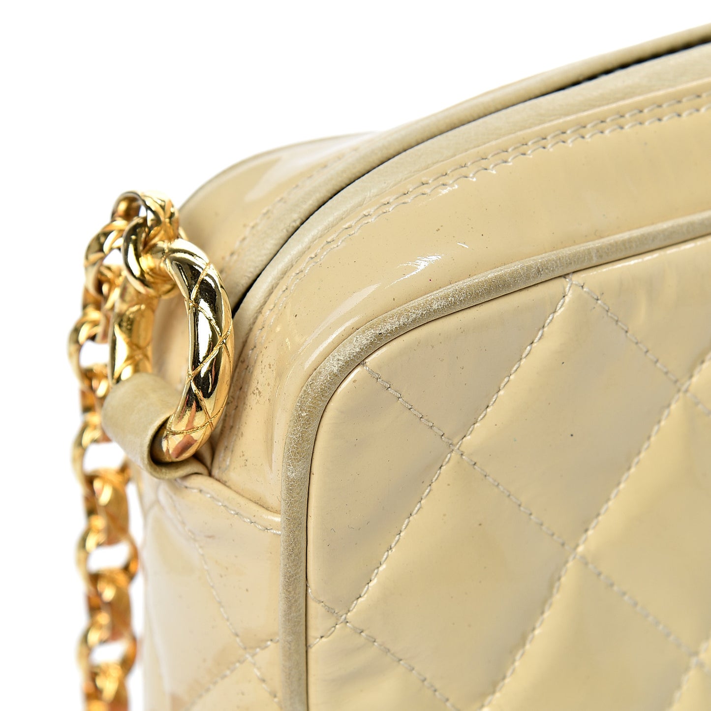Patent Quilted Tassel Camera Case Beige