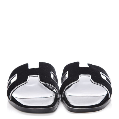 Hermes Velvet Nappa Oran Sandals 36 Black Argent Vieilli 2 of 7