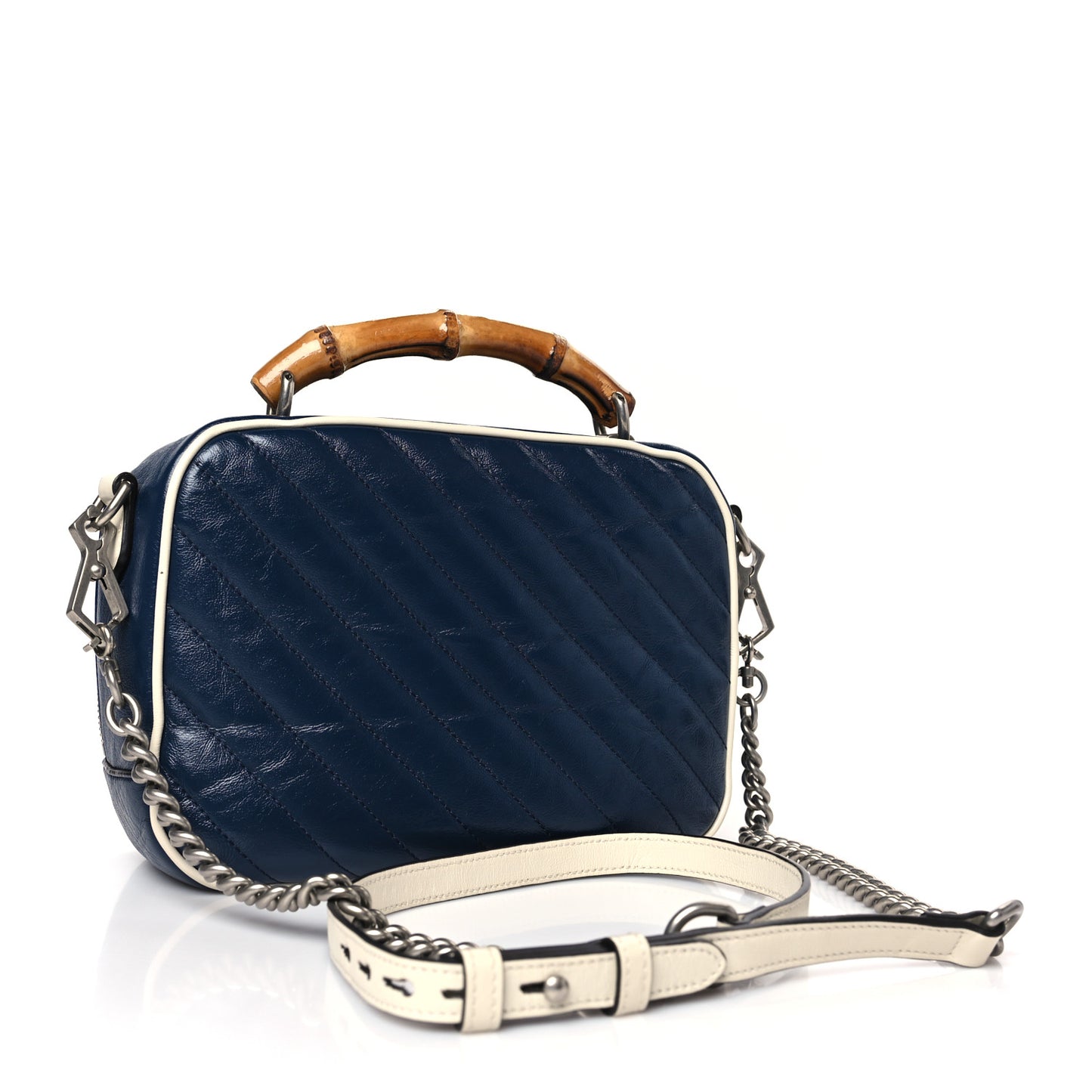Vintage Effect Calfskin Matelasse Diagonal Small Torchon GG Marmont Bamboo Top Handle Shoulder Bag Blue Agata Mystic White