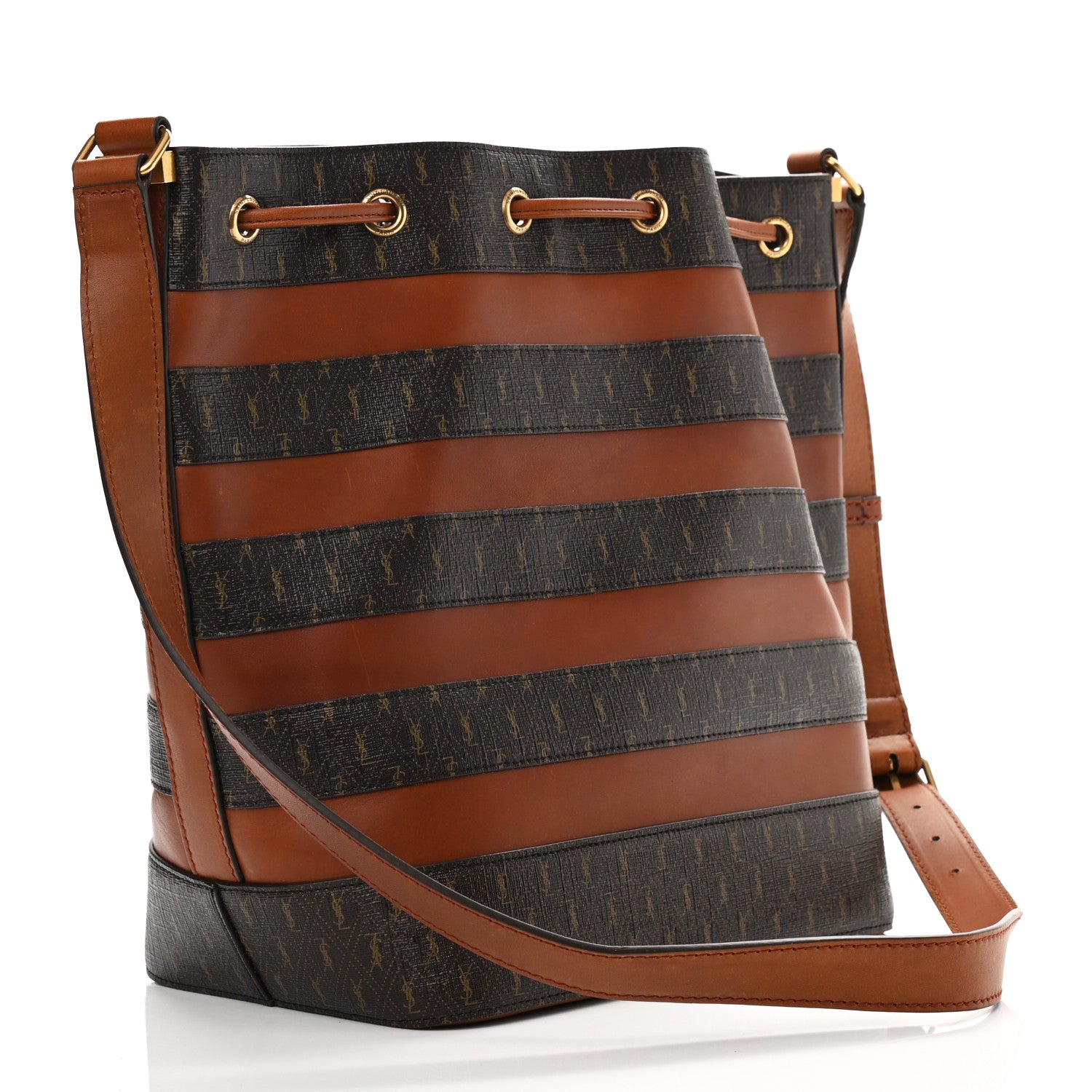 Saint Laurent Canvas Smooth Calfskin Le Monogramme Striped Bucket Bag Brown 4 of 11
