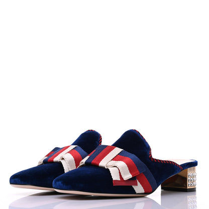 Gucci Velvet Crystal Sylvie Bow Mules 38.5 Cobalt Blue 3 of 12