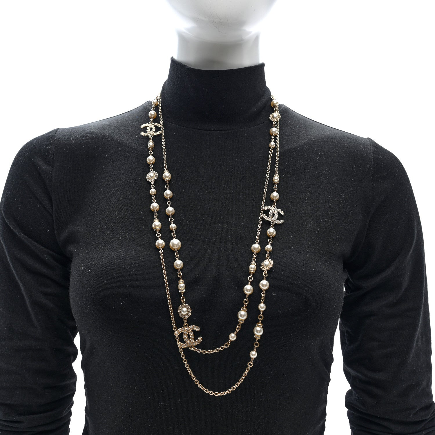 Chanel Pearl Crystal CC Long Necklace Gold 3 of 10