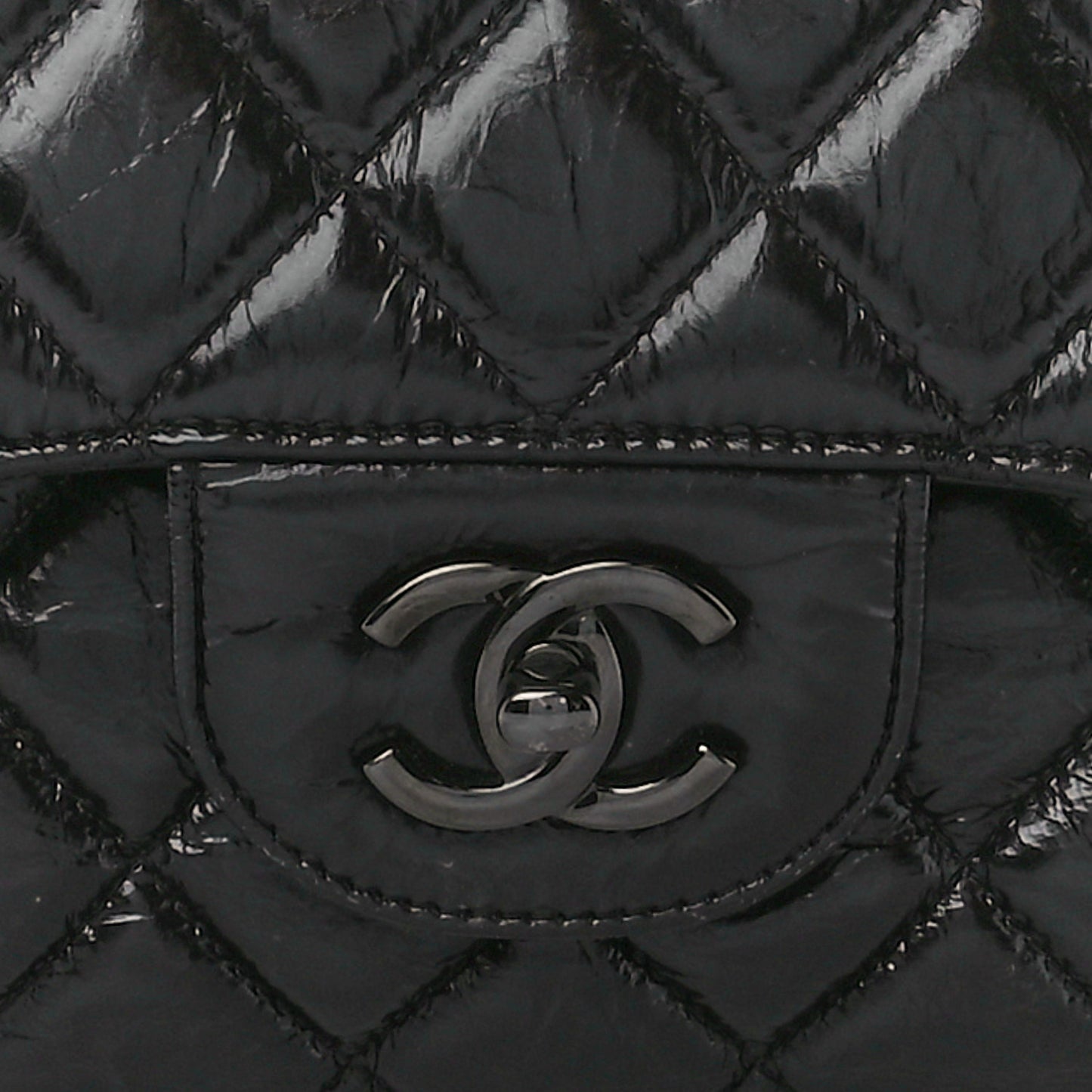 Shiny Distressed Calfskin Quilted Jumbo Double Flap So Black