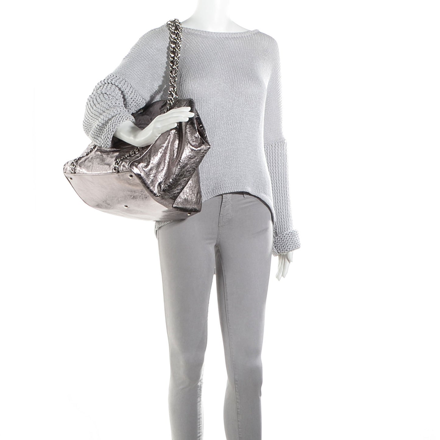 Metallic Cracked Calfskin Modern Chain Tote Dark Silver