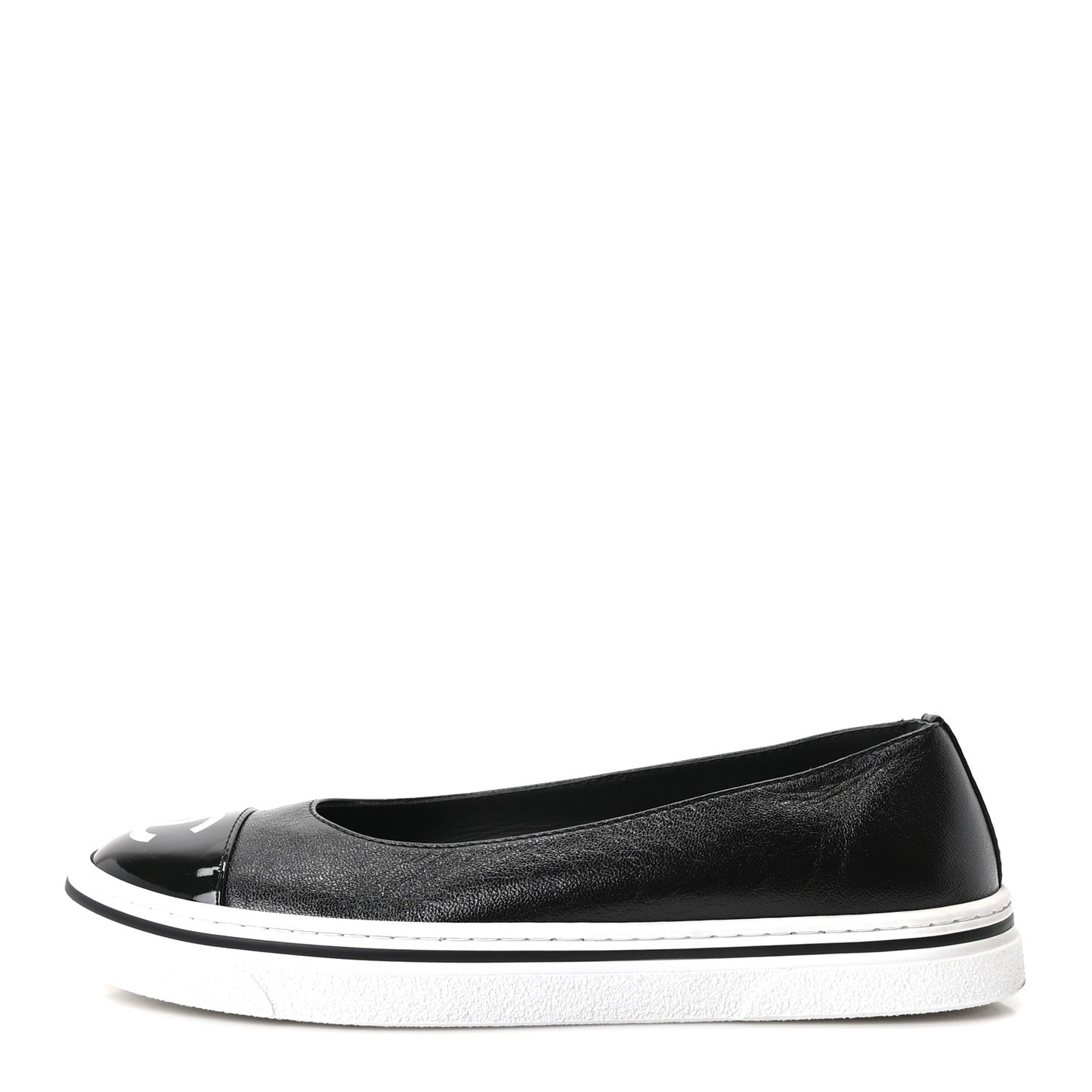 Crumpled Shiny Lambskin Patent Calfskin CC Ballet Flats 36.5 Black