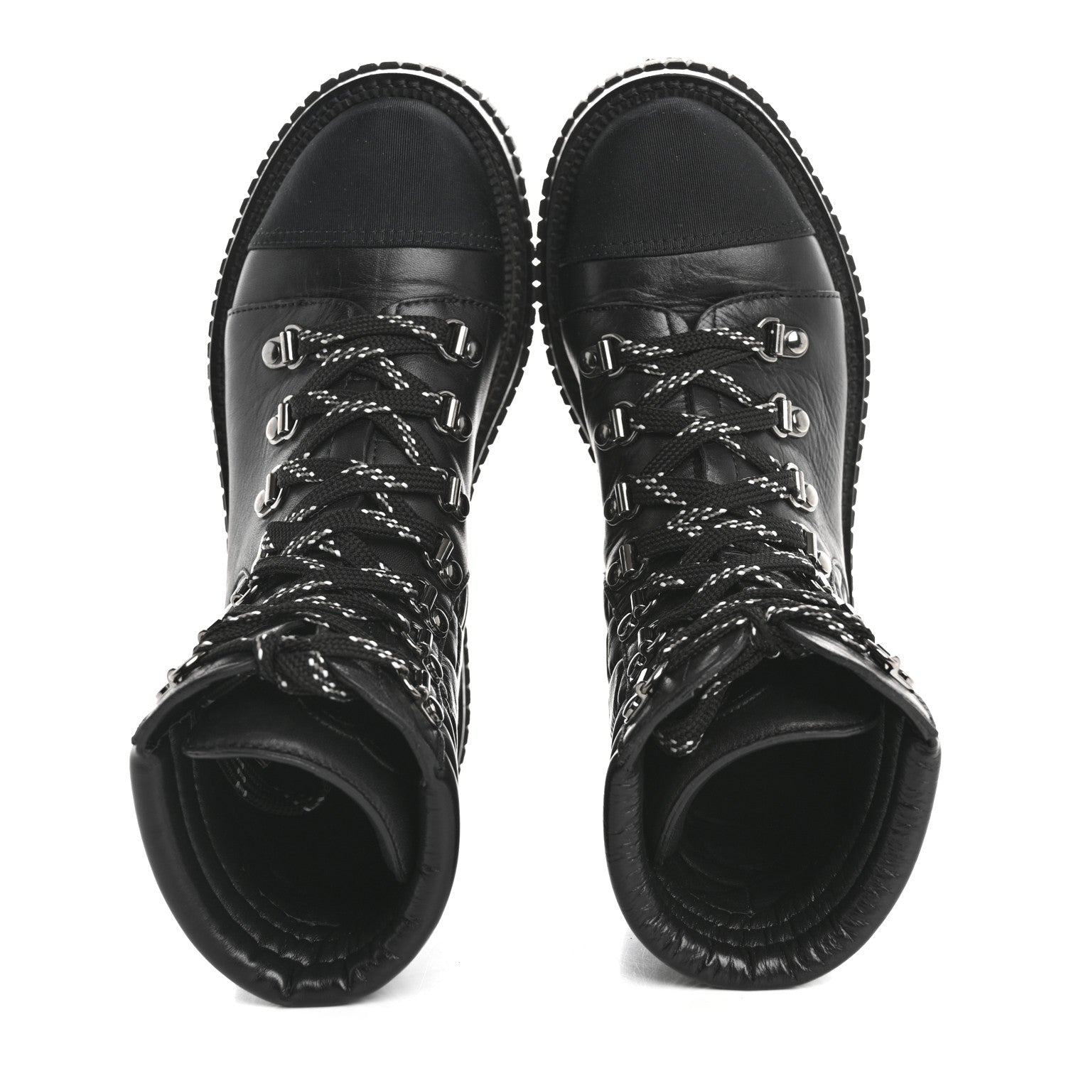 Chanel Calfskin Grosgrain Quilted Lace Up Boots 35.5 Black Grey