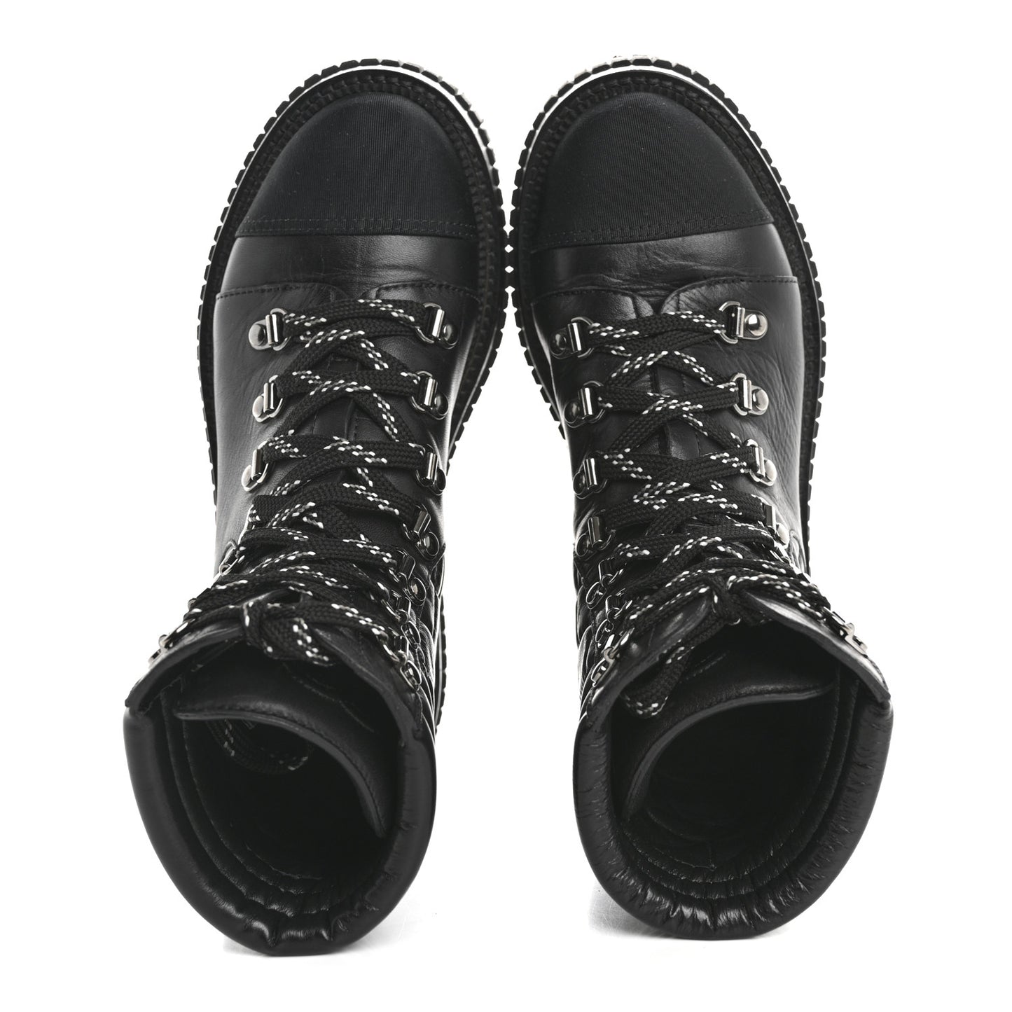 Calfskin Grosgrain Quilted Lace Up Boots 35.5 Black Grey