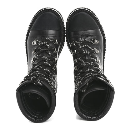 Chanel Calfskin Grosgrain Quilted Lace Up Boots 35.5 Black Grey 2 of 9