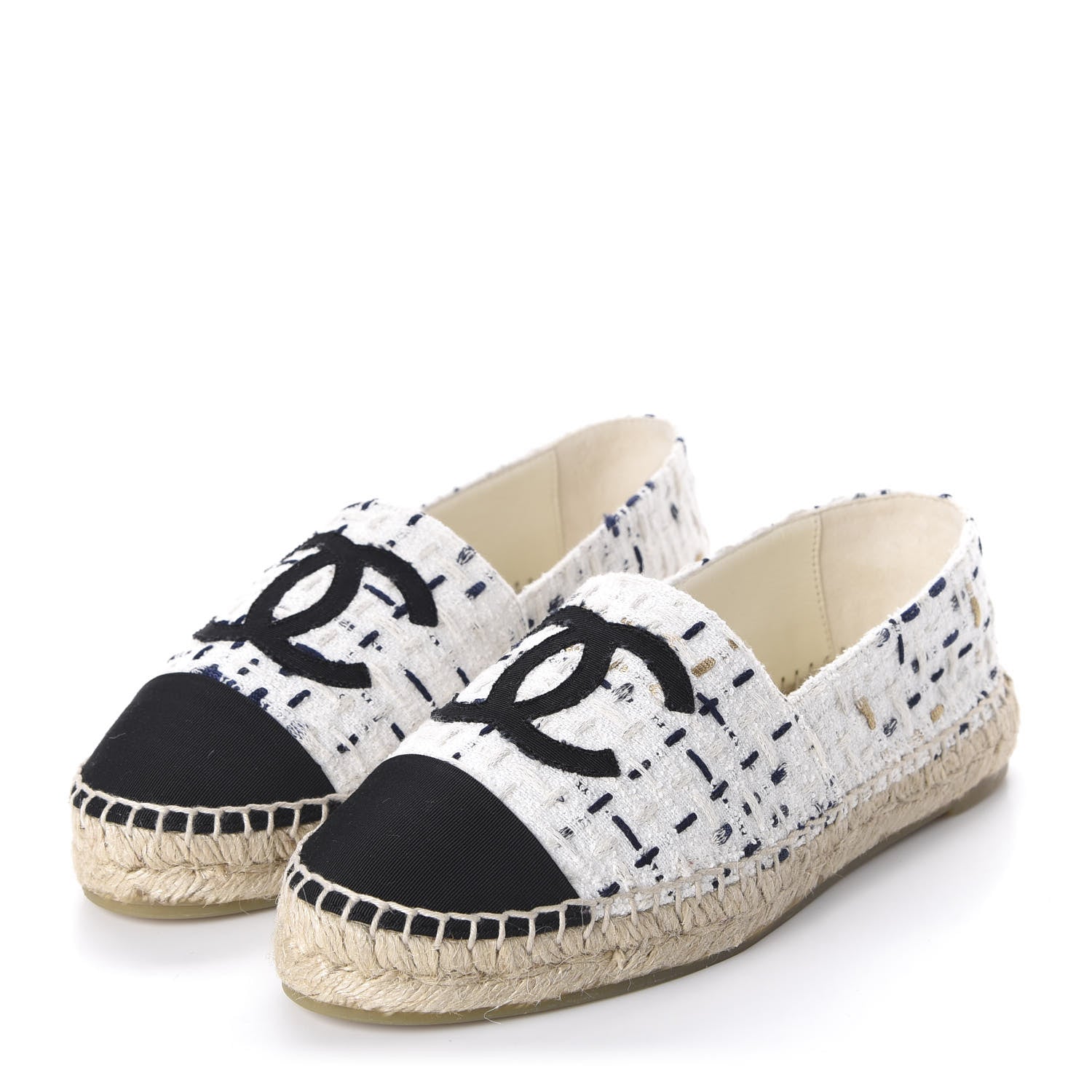 Chanel Tweed Grosgrain CC Espadrilles 36 White Beige Black 3 of 9