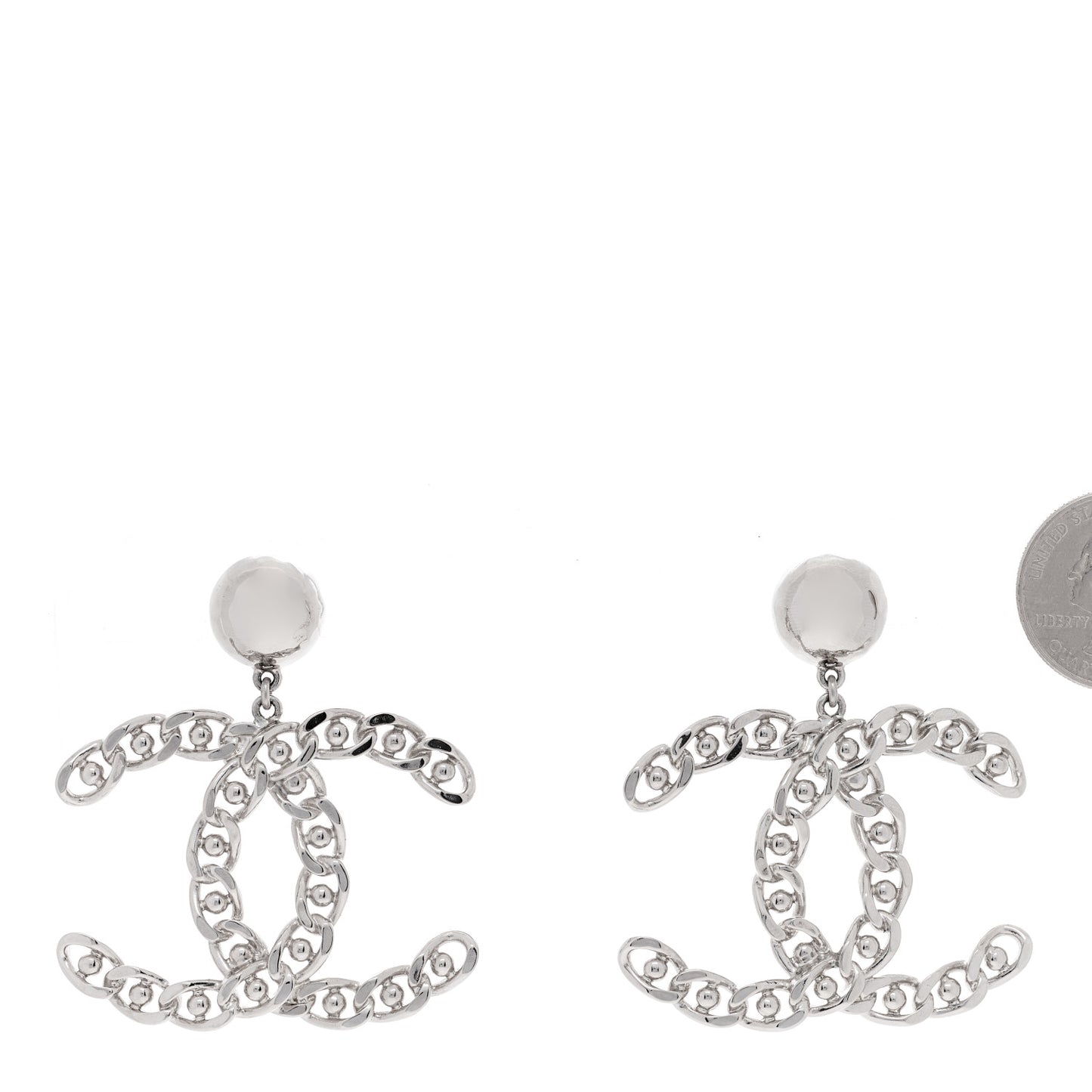 Pearl Chain Link CC Drop Earrings Silver