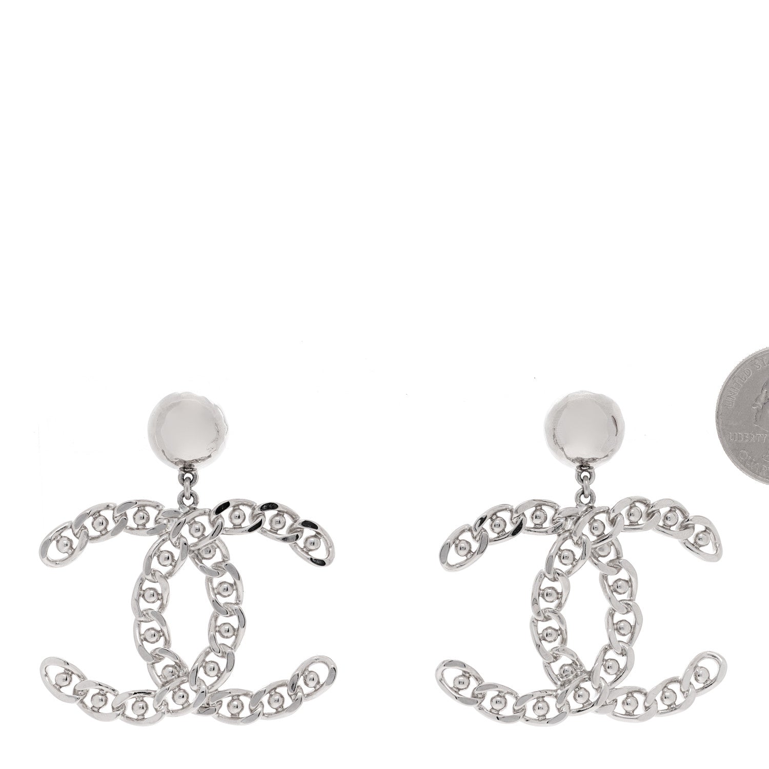 Chanel Pearl Chain Link CC Drop Earrings Silver 2 of 9