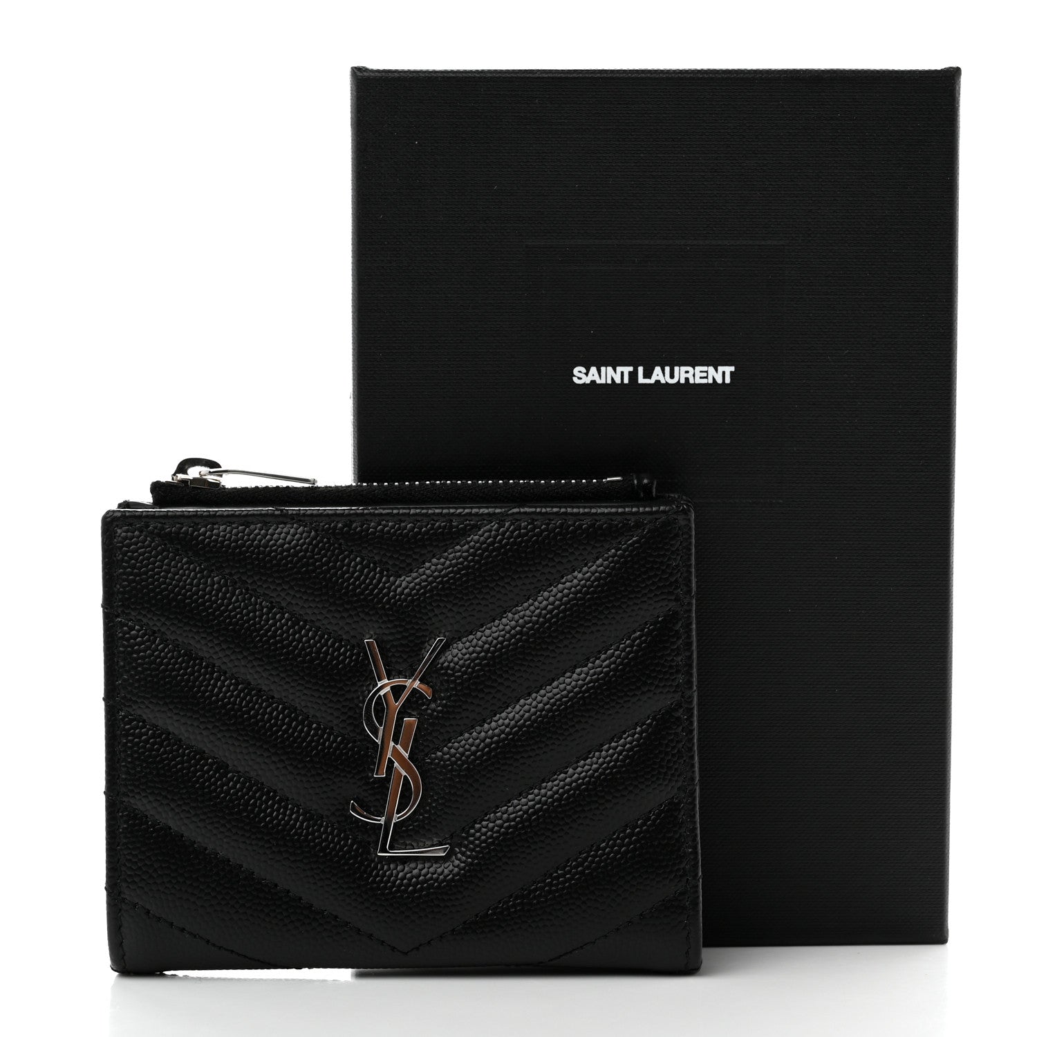Saint Laurent Grain De Poudre Matelasse Chevron Monogram Zipped Card Case Black 8 of 8