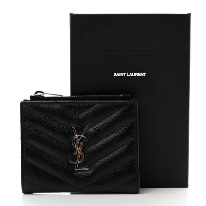 Saint Laurent Grain De Poudre Matelasse Chevron Monogram Zipped Card Case Black 8 of 8