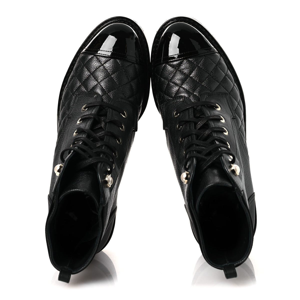 Pearly Calfskin Patent Calfskin Lace Up Combat Boots 38 Black