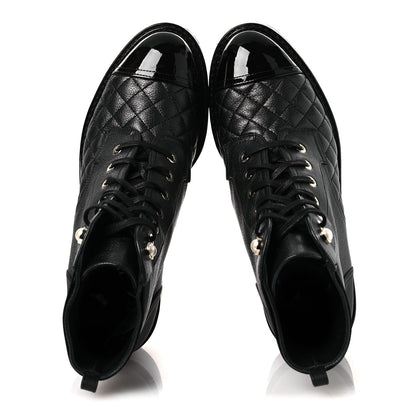 Chanel Pearly Calfskin Patent Calfskin Lace Up Combat Boots 38 Black 2 of 15