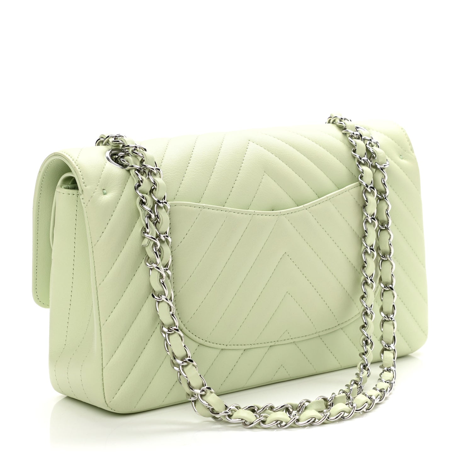 Calfskin Chevron Quilted Medium Double Flap Light Green