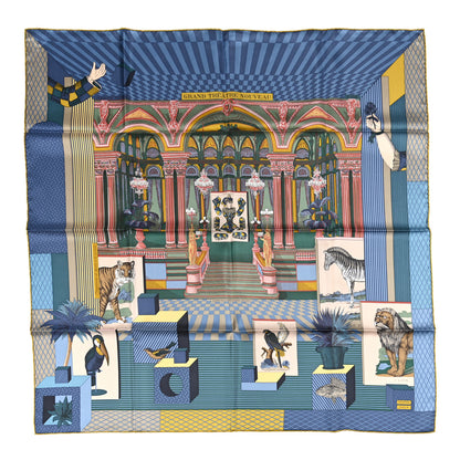 Hermes Silk Twill Grande Theatre Nouveau Scarf 90 Bleu Jean Vert Moutarde 1 of 7