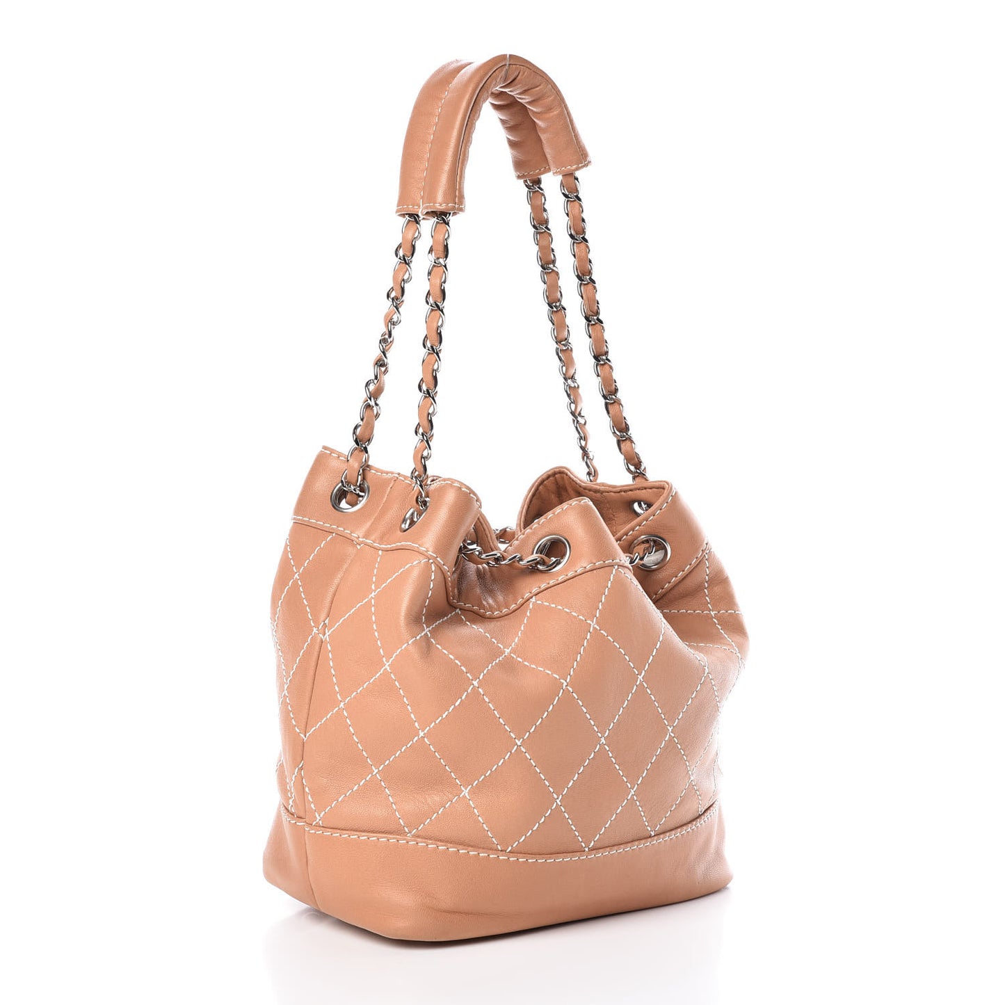Lambskin Contrast Stitch Small Drawstring Tote Camel