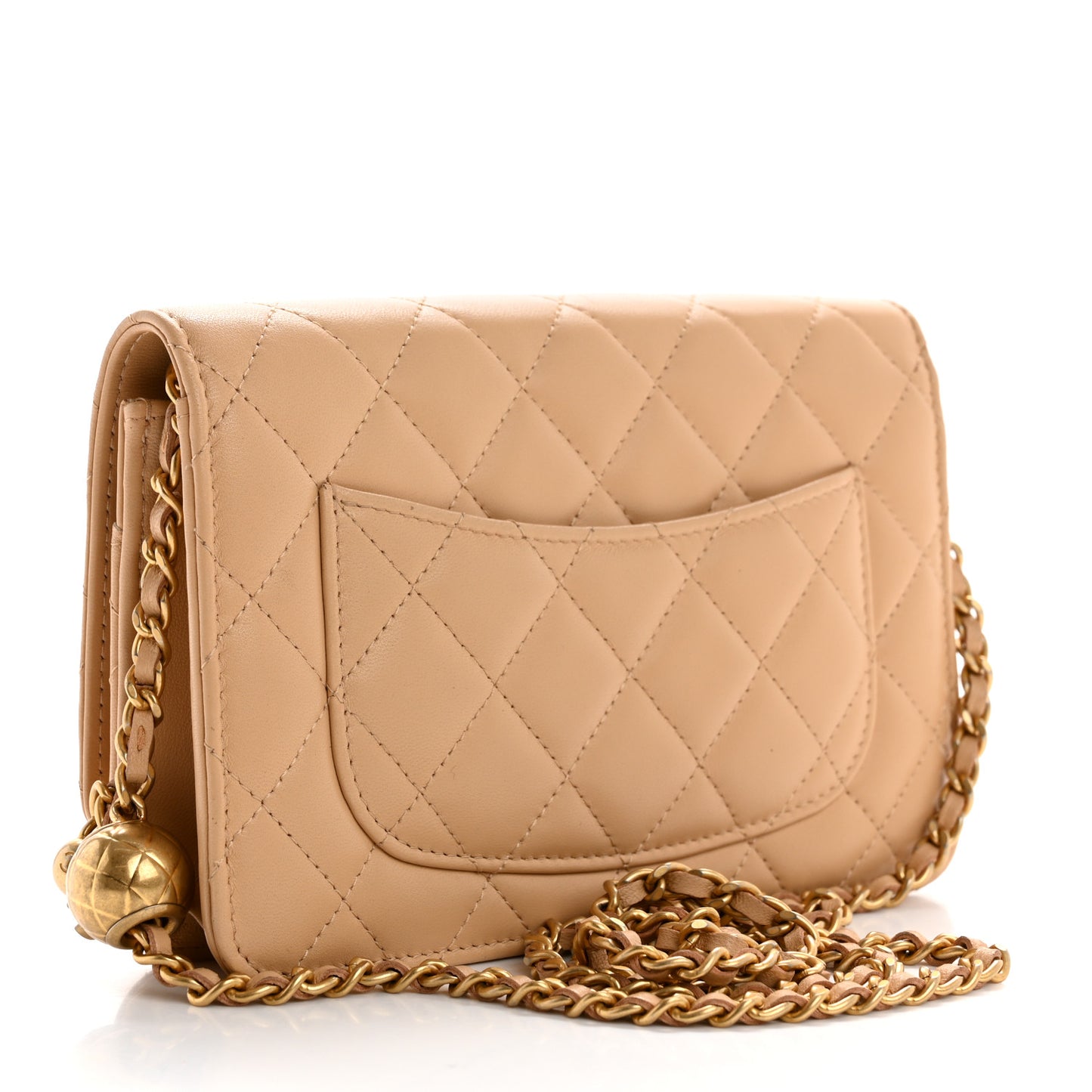 Lambskin Quilted CC Pearl Crush Wallet on Chain WOC Light Beige