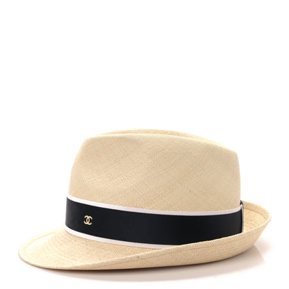Chanel Straw Grosgrain Ribbon Fedora Hat M Beige Black 4 of 8