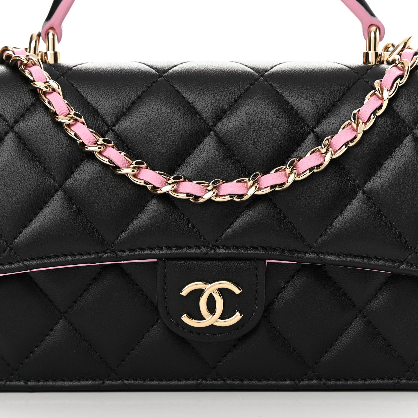 Lambskin Quilted Flap Phone Holder With Chain Black Lilac