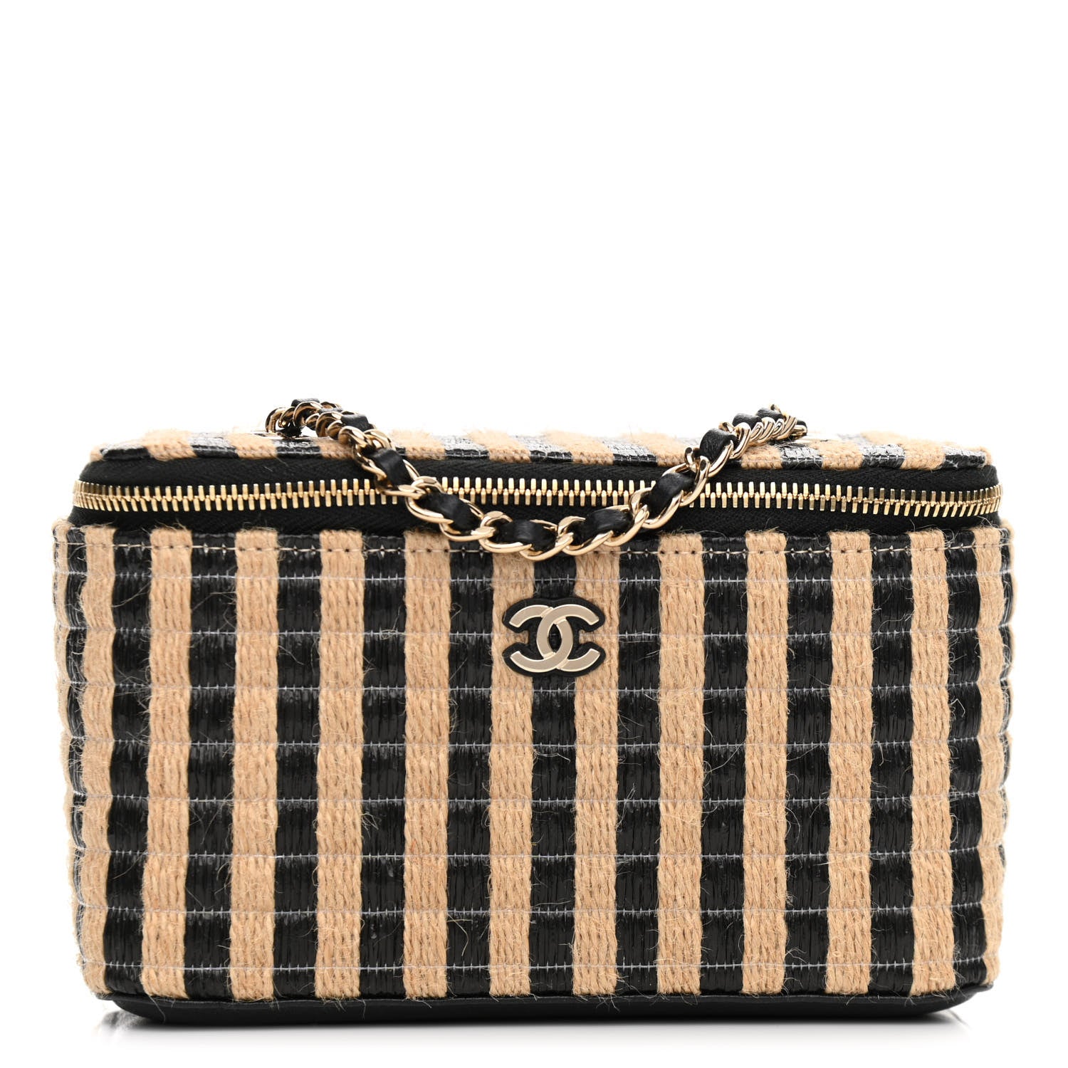 Chanel Raffia Jute Striped Small Vanity Case With Chain Black Beige 1 of 11