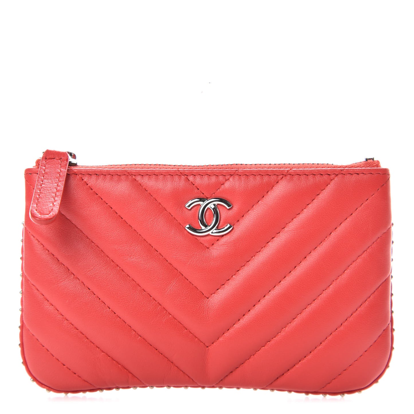 Lambskin Chevron Quilted Studded Small Cosmetic Case Red