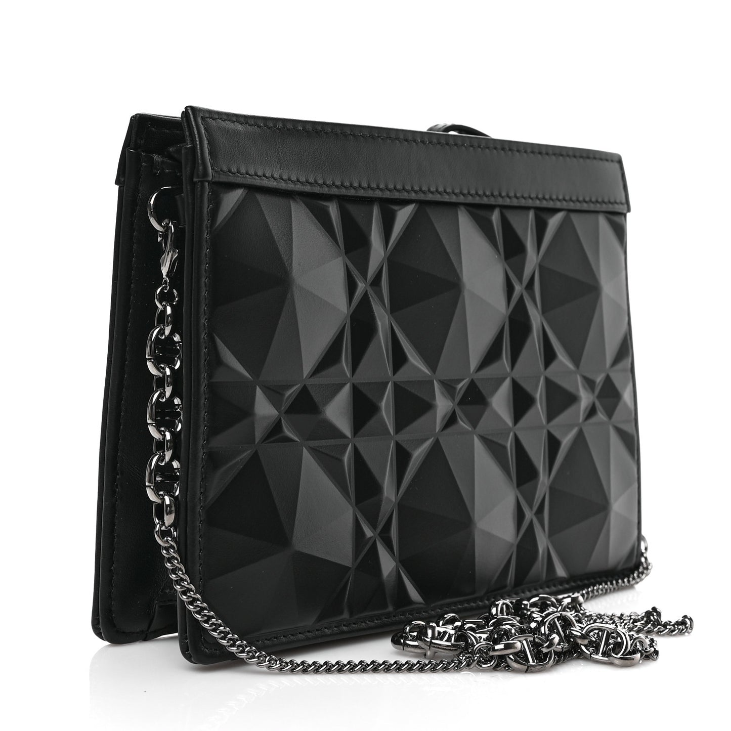 Calfskin Macrocannage Diamond Caro Zipped Pouch With Chain Black